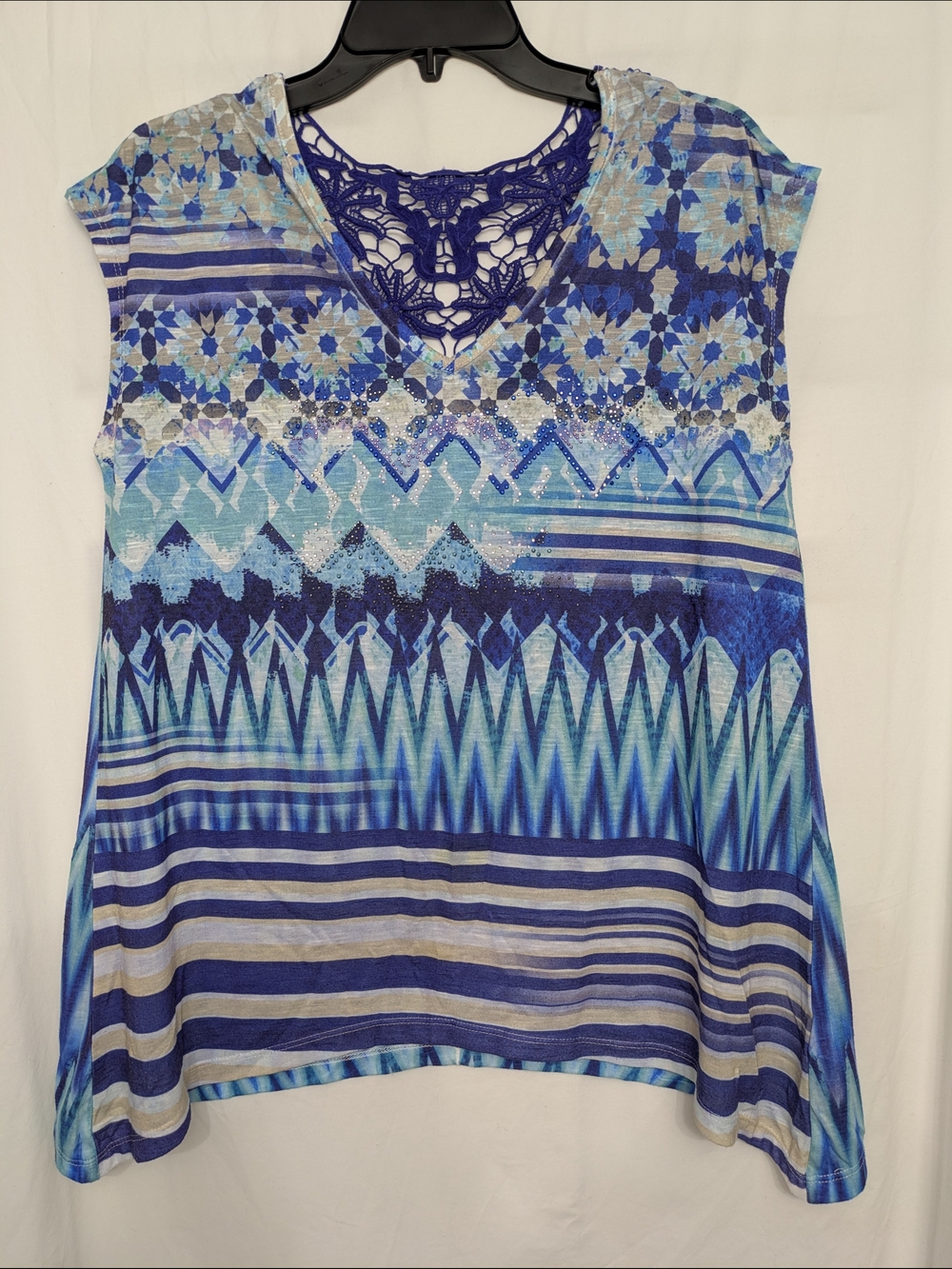 B.L.E.U. Large Blue Boho Crochet Lace Embellished Top
